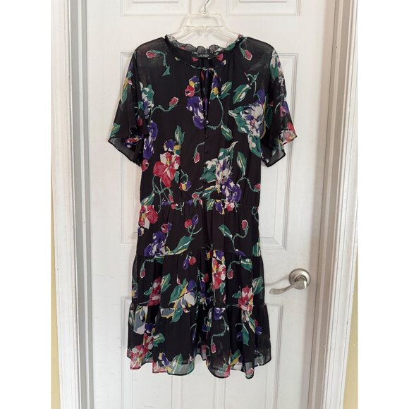 Lauren Ralph Lauren black Short Sleeve Floral Mini Dress Size 12 - Picture 2 of 9